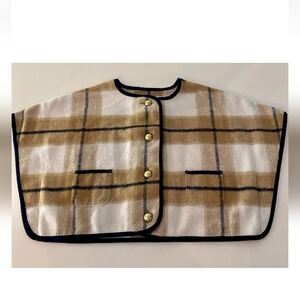 Janie & Jack Girls Button Up Ivory Tan Plaid Poncho Pockets 12-18 M